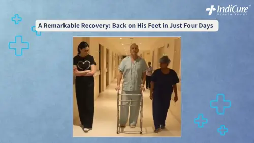 K patient Alan Farell walking down a hospital corridor using a walker just four days after his robotic knee replacement surgery.